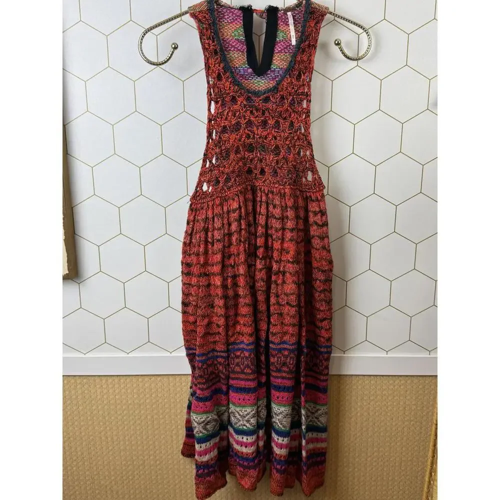 Free People Red Rare Hearts Crochet Sweater Tunic Dress - Size - Medium - Picture 9 of 9